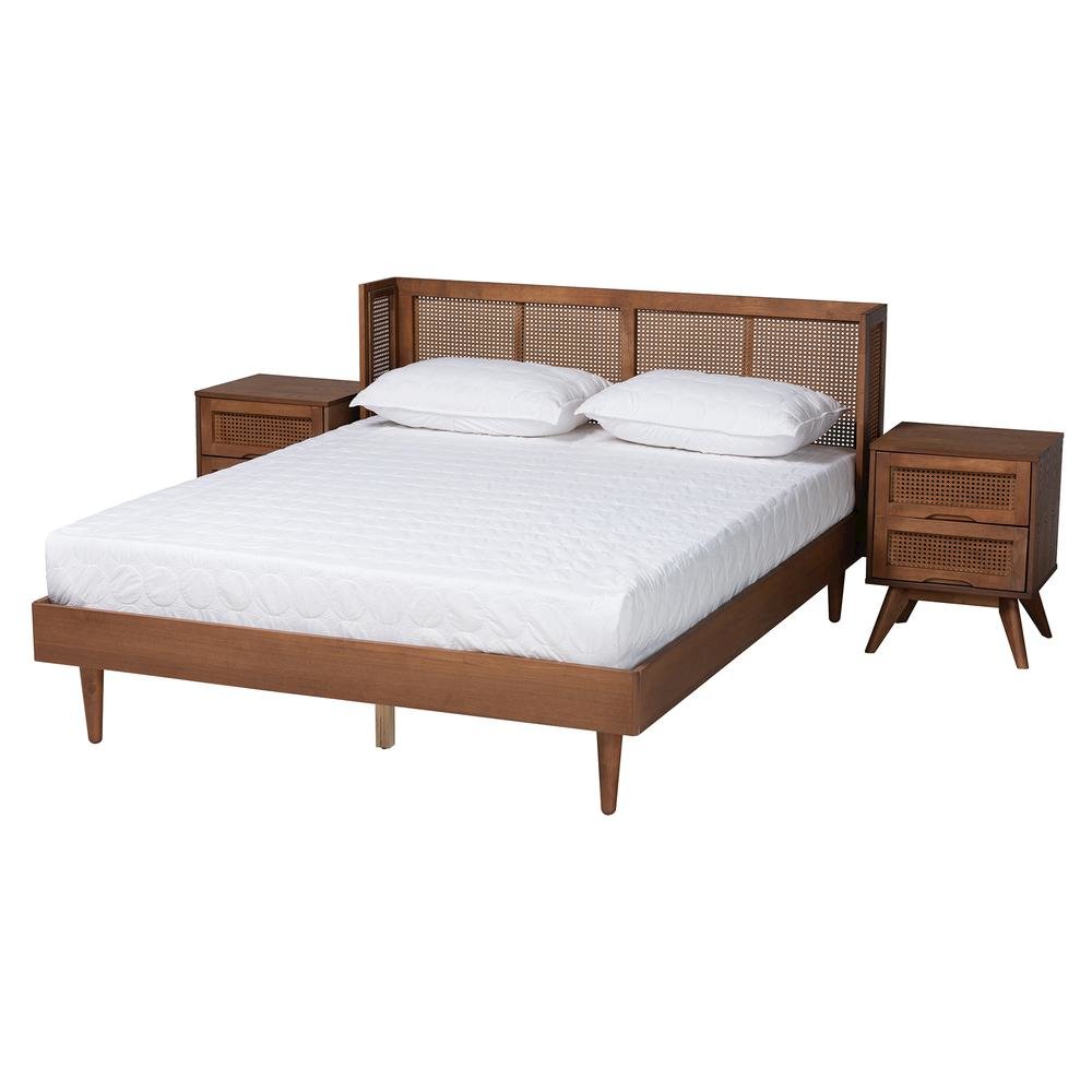 Ash Walnut Finished Wood 3-Piece Full Size Bedroom Set with Synthetic Rattan. Picture 15