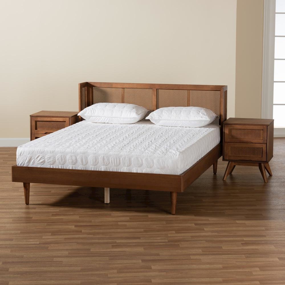 Ash Walnut Finished Wood 3-Piece Full Size Bedroom Set with Synthetic Rattan. Picture 25
