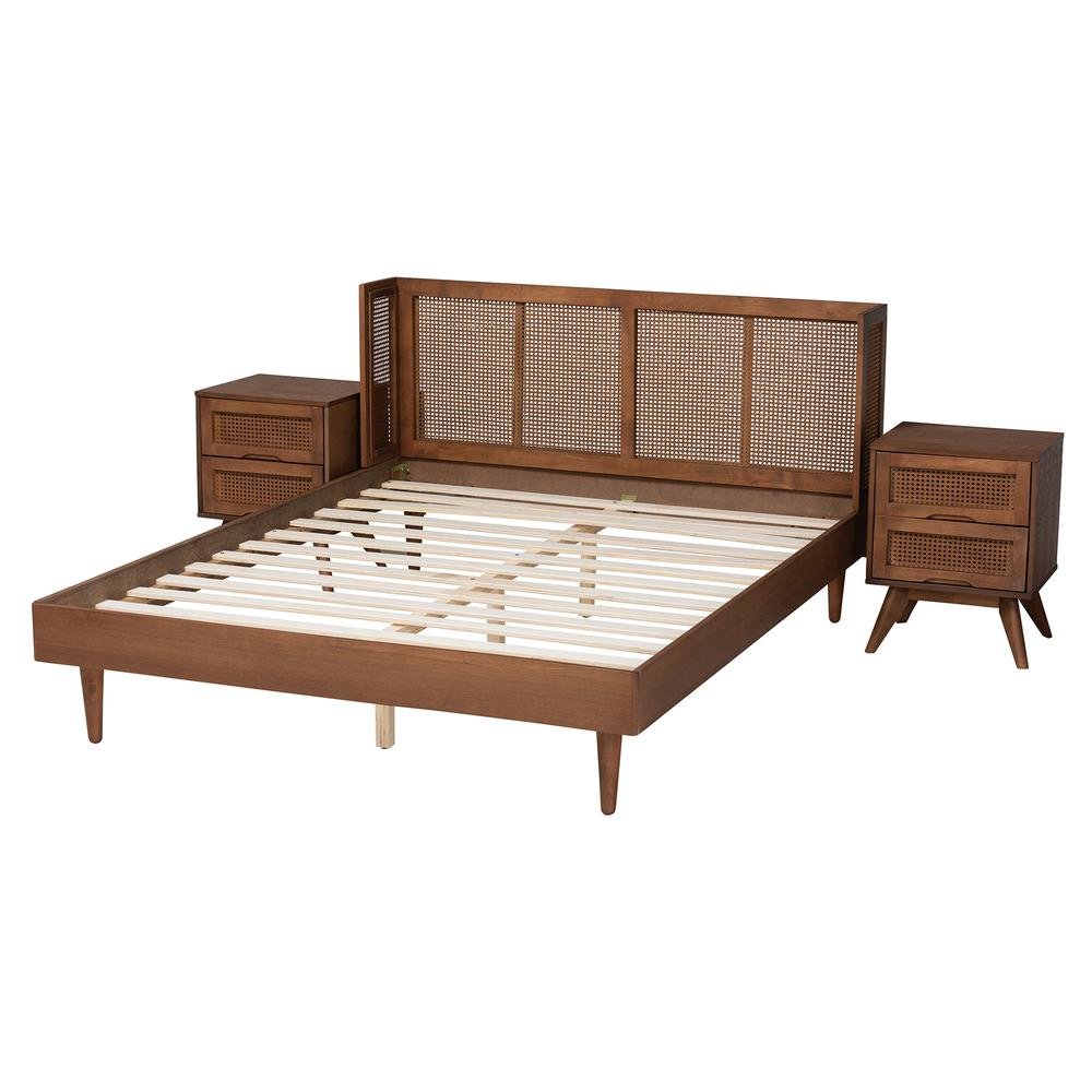 Ash Walnut Finished Wood 3-Piece Full Size Bedroom Set with Synthetic Rattan. Picture 16