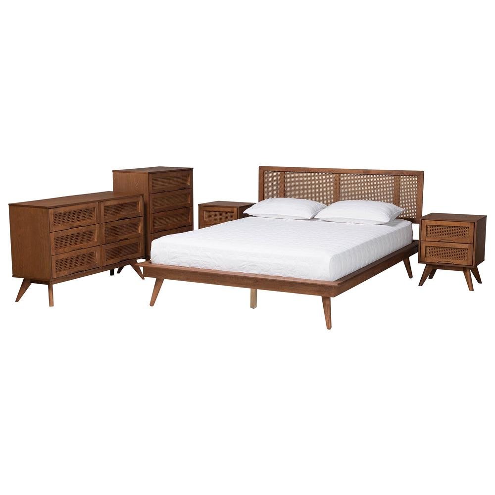 Walnut Brown Finished Wood and Rattan Full Size 5-Piece Bedroom Set. Picture 15
