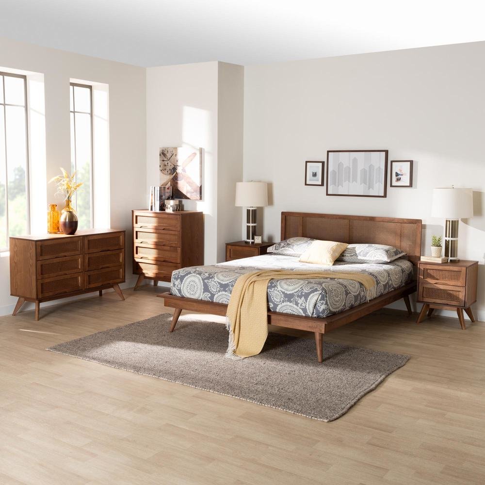 Walnut Brown Finished Wood and Rattan Full Size 5-Piece Bedroom Set. Picture 26