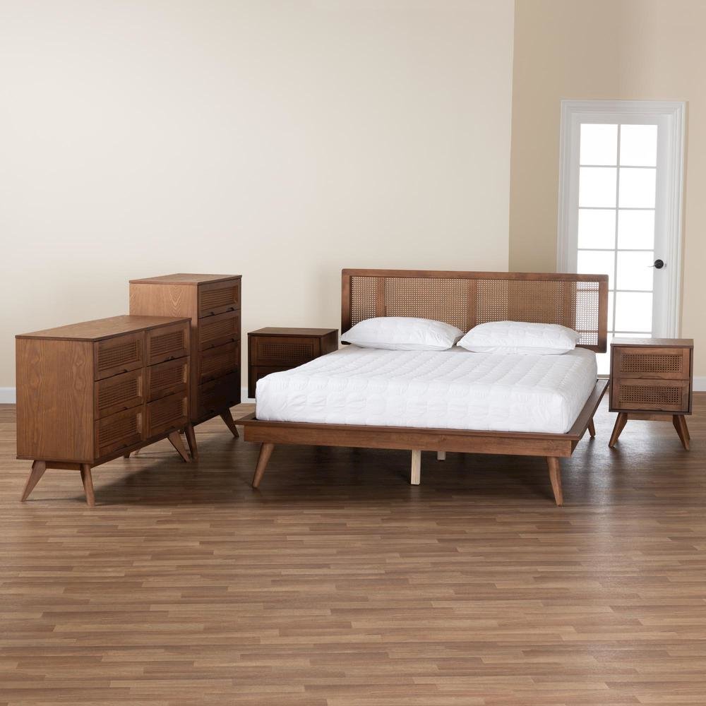 Walnut Brown Finished Wood and Rattan Full Size 5-Piece Bedroom Set. Picture 27