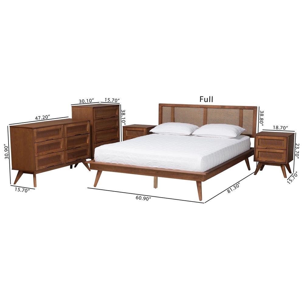Walnut Brown Finished Wood and Rattan Full Size 5-Piece Bedroom Set. Picture 28