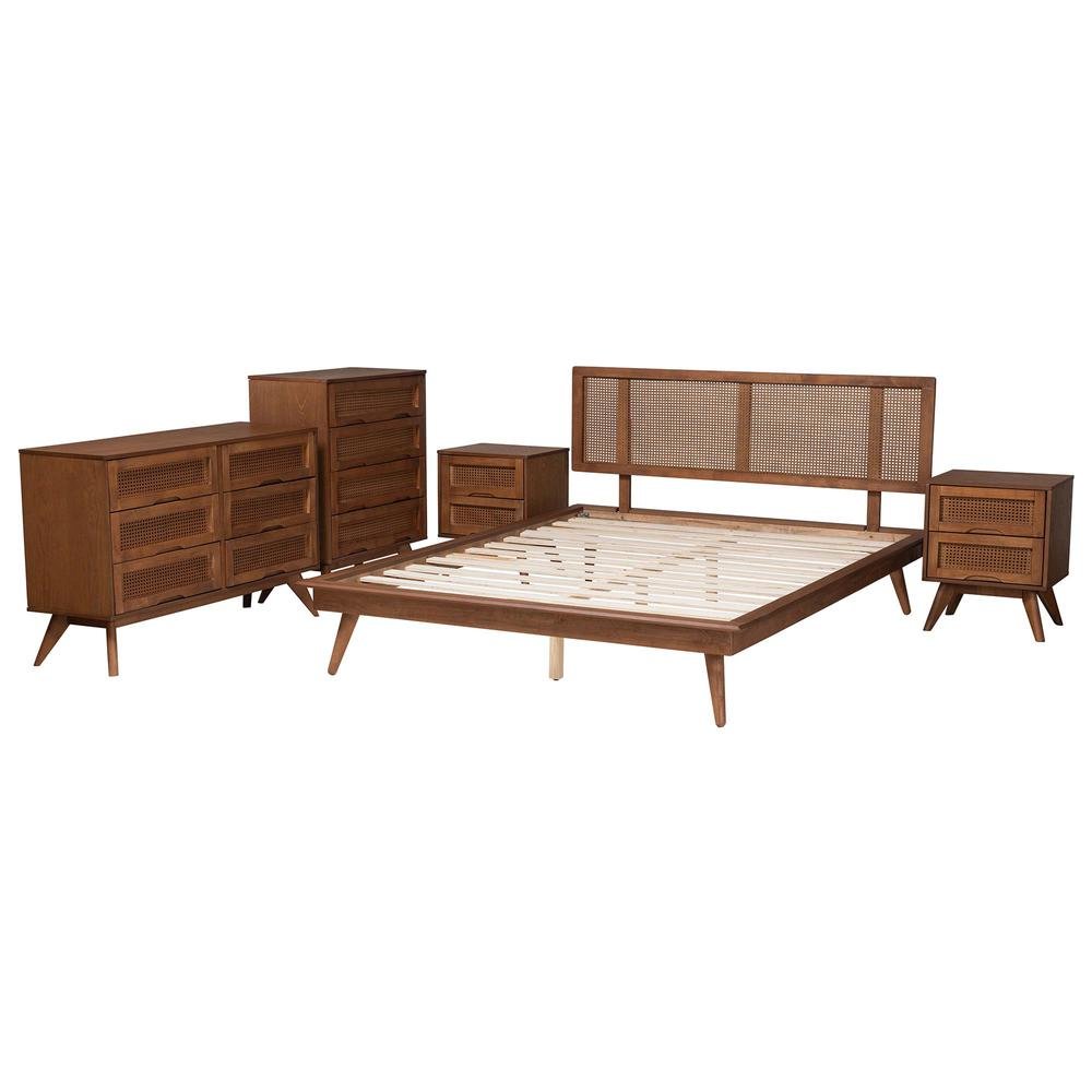 Walnut Brown Finished Wood and Rattan Full Size 5-Piece Bedroom Set. Picture 16