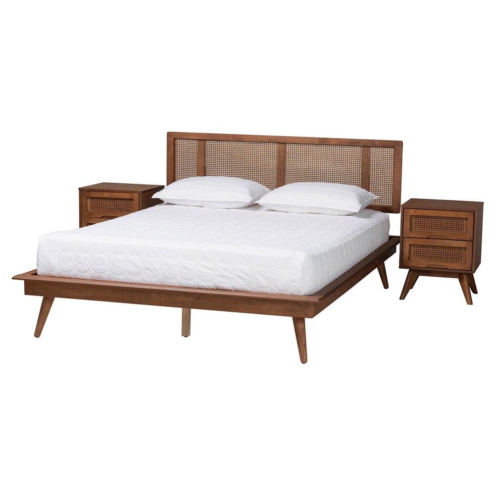 Walnut Brown Finished Wood and Rattan Full Size 3-Piece Bedroom Set. Picture 15