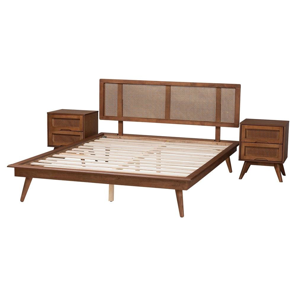 Walnut Brown Finished Wood and Rattan Full Size 3-Piece Bedroom Set. Picture 16