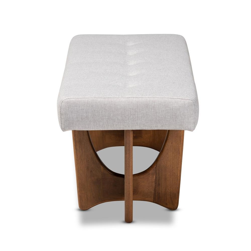 Theo Mid-Century Modern Greyish Beige Fabric Upholstered Walnut Finished Bench. Picture 11