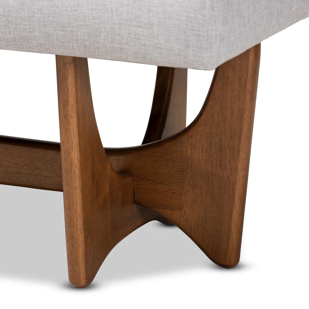 Theo Mid-Century Modern Greyish Beige Fabric Upholstered Walnut Finished Bench. Picture 13