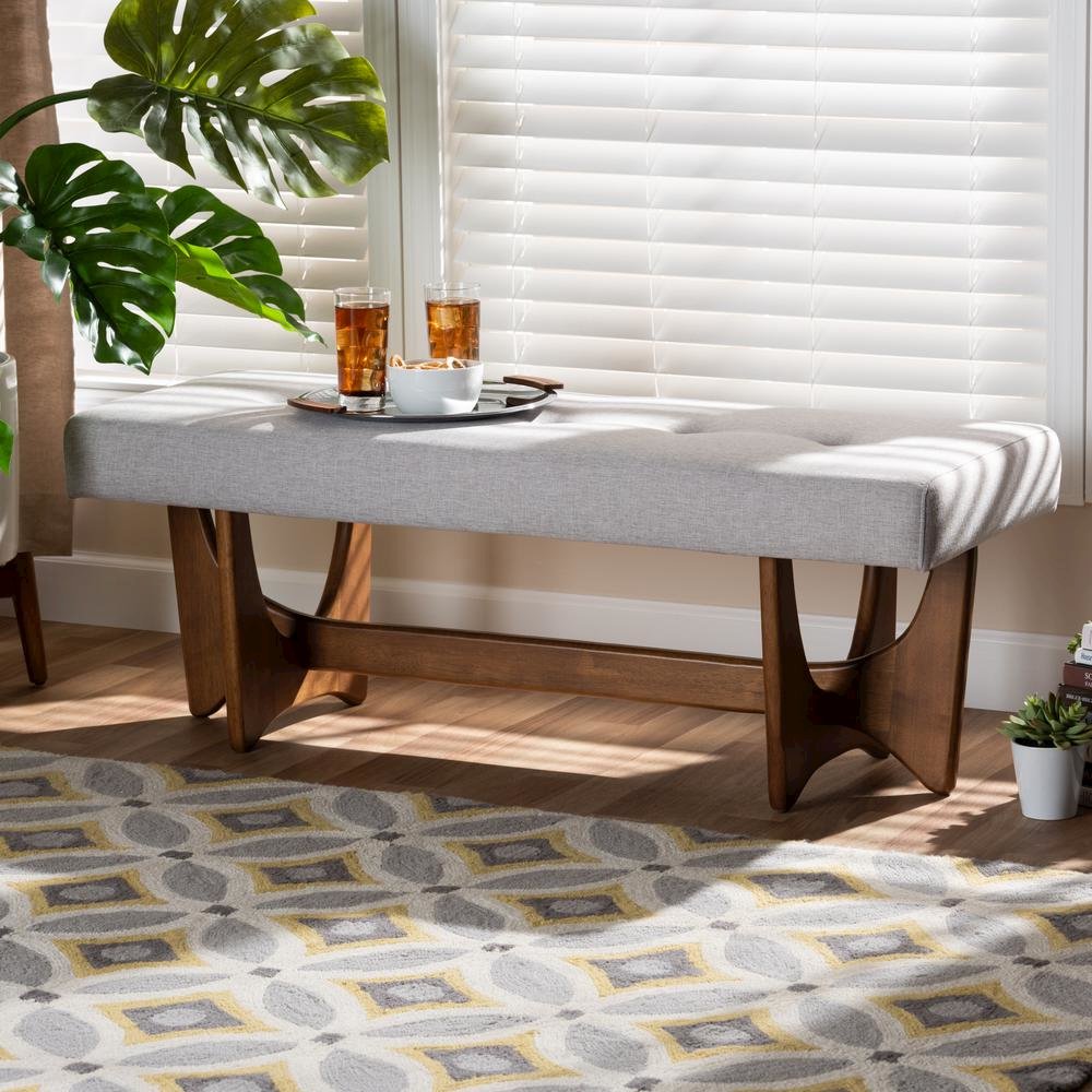 Theo Mid-Century Modern Greyish Beige Fabric Upholstered Walnut Finished Bench. Picture 14