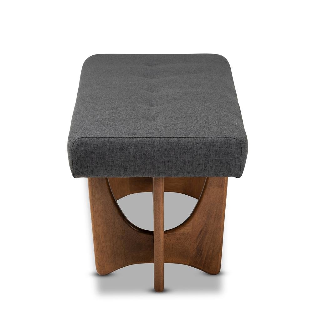 Theo Mid-Century Modern Dark Grey Fabric Upholstered Walnut Finished Bench. Picture 11