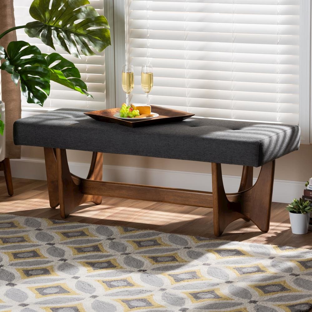 Theo Mid-Century Modern Dark Grey Fabric Upholstered Walnut Finished Bench. Picture 14