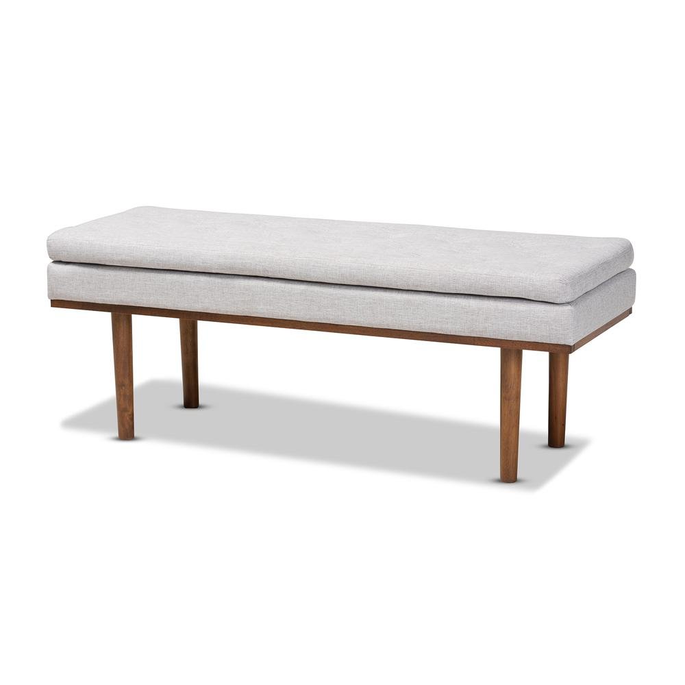 Arne Mid-Century Modern Greyish Beige Fabric Upholstered Walnut Finished Bench. Picture 9