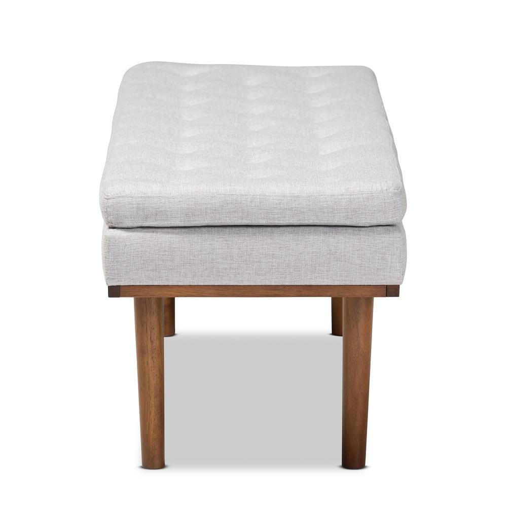 Arne Mid-Century Modern Greyish Beige Fabric Upholstered Walnut Finished Bench. Picture 11
