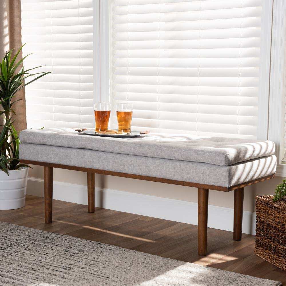 Arne Mid-Century Modern Greyish Beige Fabric Upholstered Walnut Finished Bench. Picture 14