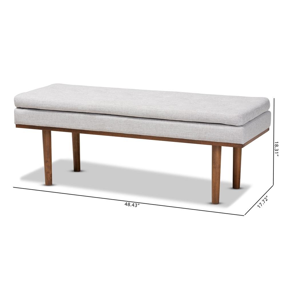 Arne Mid-Century Modern Greyish Beige Fabric Upholstered Walnut Finished Bench. Picture 16