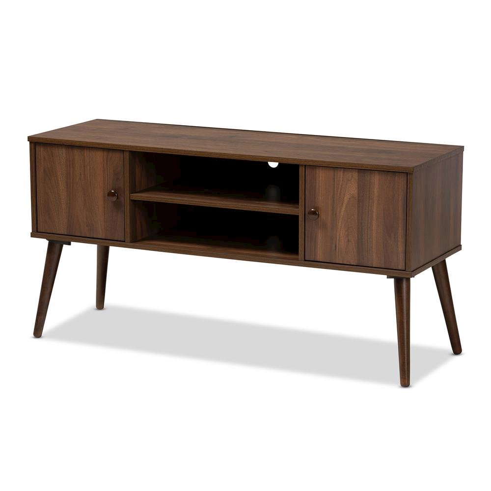 Alard Mid-Century Modern Walnut Brown Finished 2-Door Wood TV Stand. Picture 10