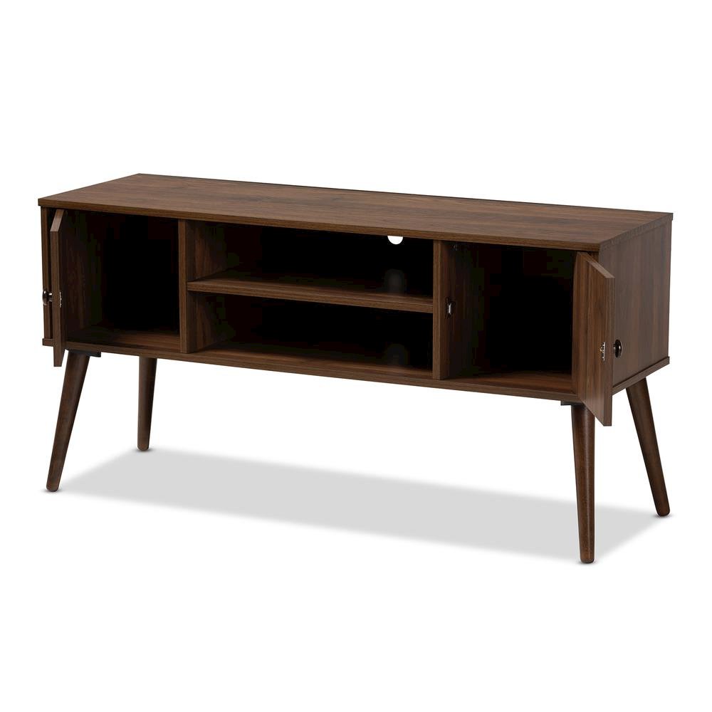 Alard Mid-Century Modern Walnut Brown Finished 2-Door Wood TV Stand. Picture 11