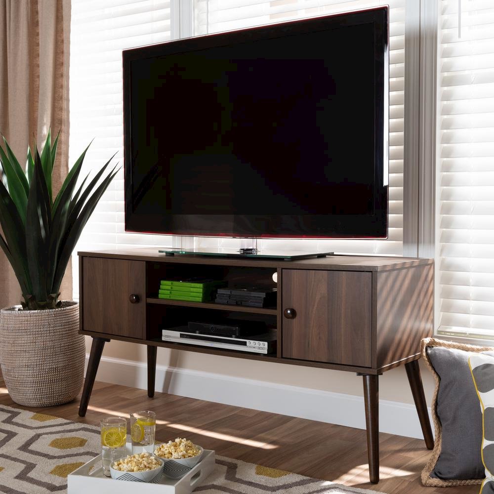 Alard Mid-Century Modern Walnut Brown Finished 2-Door Wood TV Stand. Picture 16