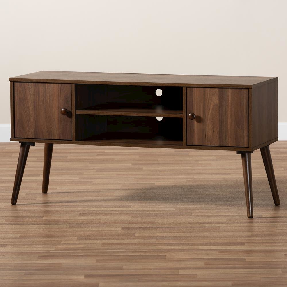 Alard Mid-Century Modern Walnut Brown Finished 2-Door Wood TV Stand. Picture 17