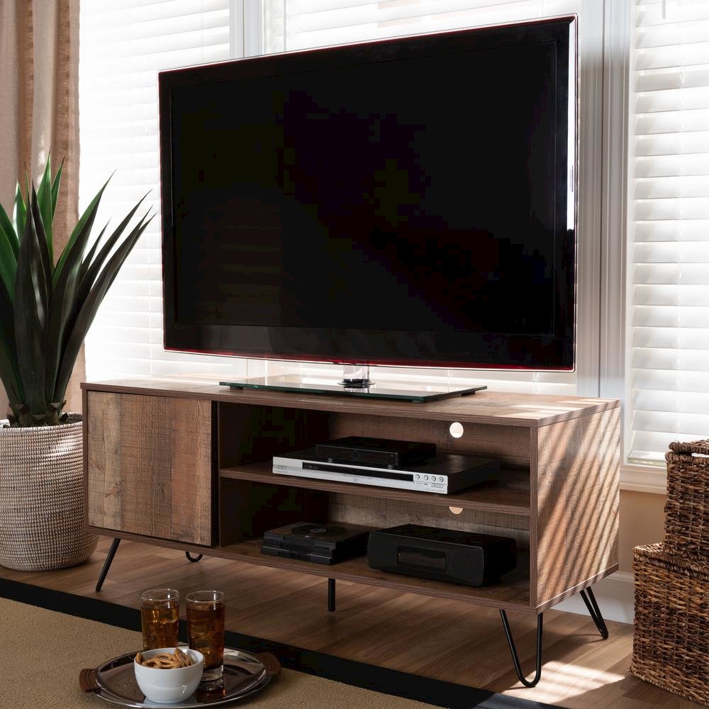 Iver Modern and Contemporary Rustic Oak Finished 1-Door Wood TV Stand. Picture 14