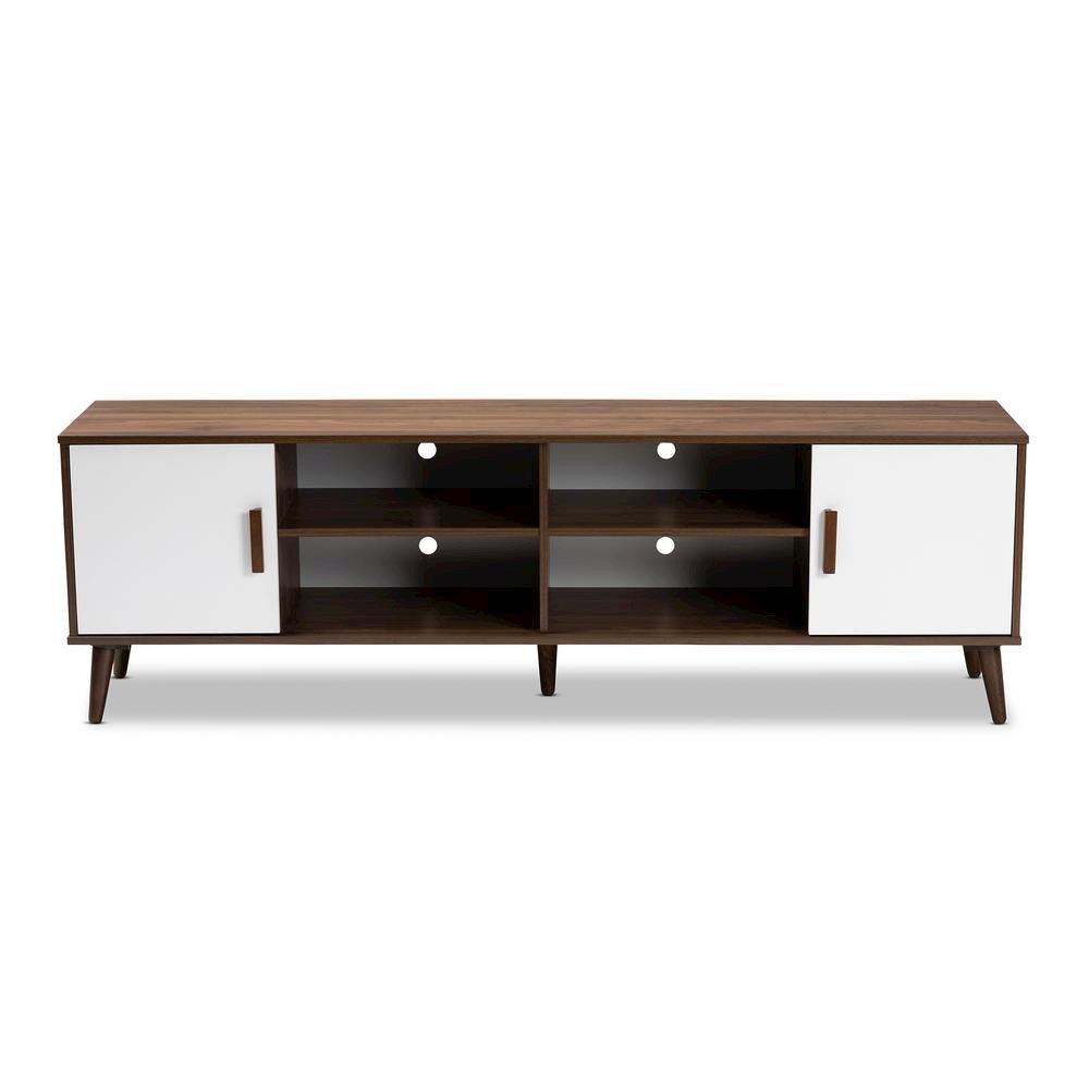 Quinn Mid-Century Modern Two-Tone White and Walnut Finished 2-Door Wood TV Stand. Picture 12
