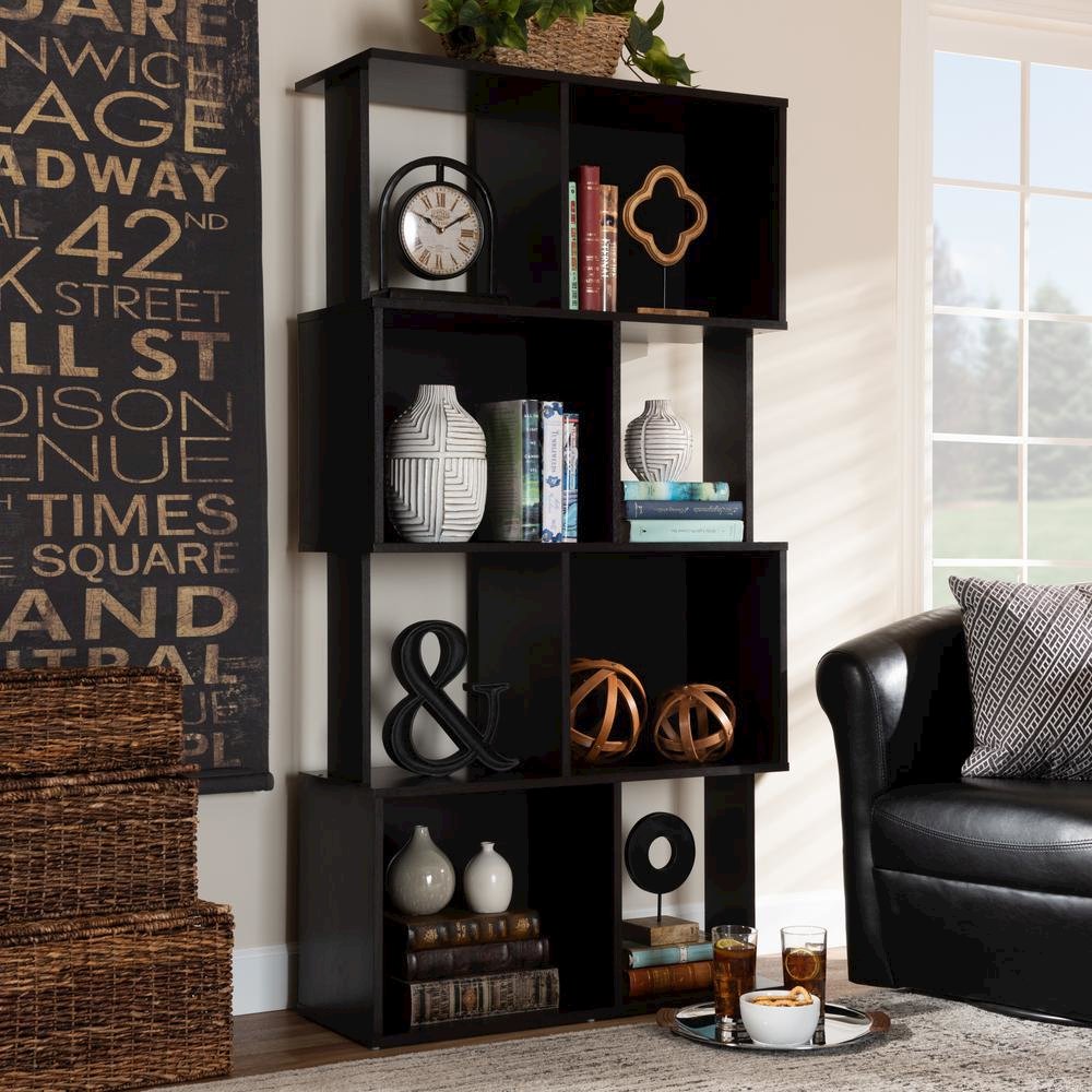 Riva Modern and Contemporary Dark Brown Finished Geometric Wood Bookshelf. Picture 10