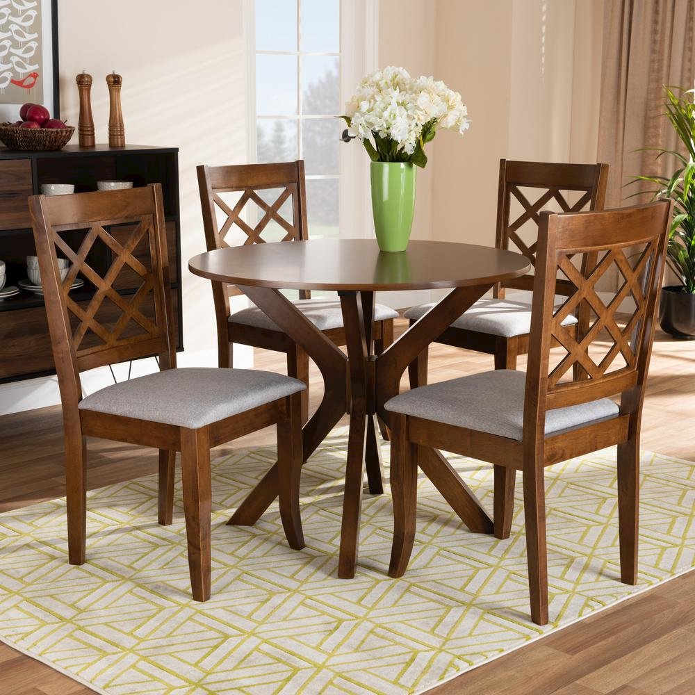 Grey Fabric Upholstered and Walnut Brown Finished Wood 5-Piece Dining Set. Picture 16