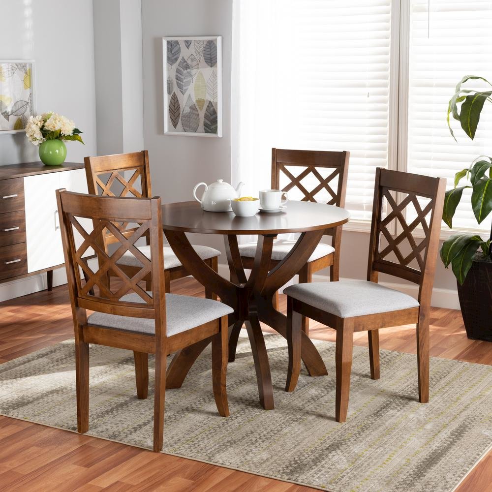 Grey Fabric Upholstered and Walnut Brown Finished Wood 5-Piece Dining Set. Picture 16