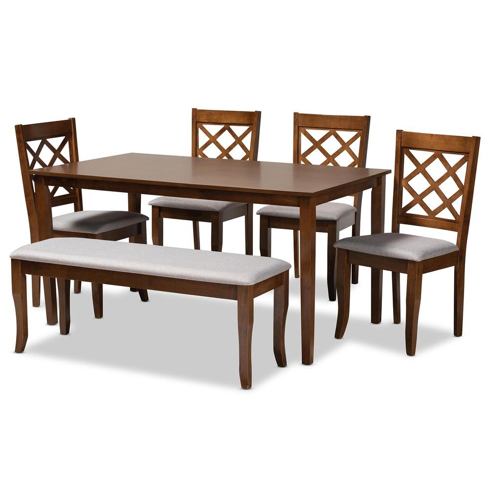 Grey Fabric Upholstered and Walnut Brown Finished Wood 6-Piece Dining Set. Picture 10