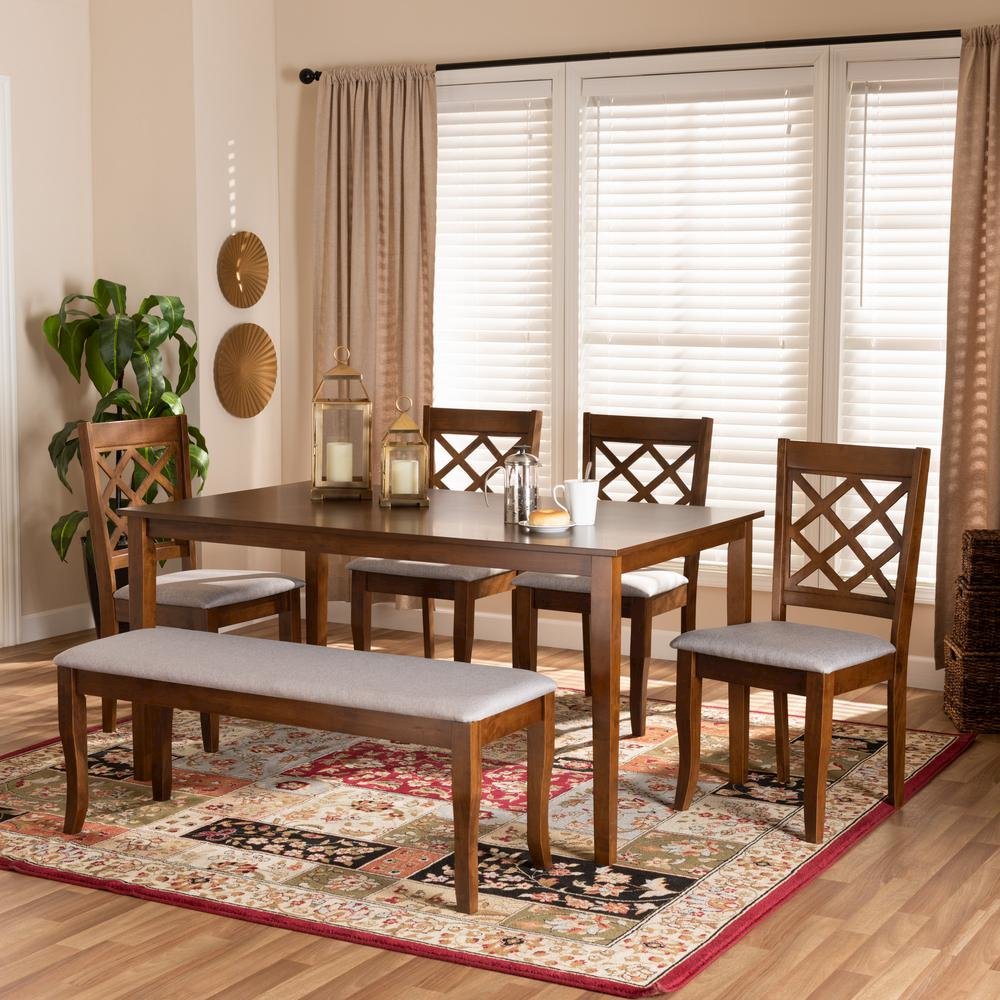 Grey Fabric Upholstered and Walnut Brown Finished Wood 6-Piece Dining Set. Picture 16