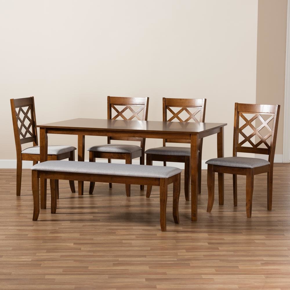 Grey Fabric Upholstered and Walnut Brown Finished Wood 6-Piece Dining Set. Picture 17