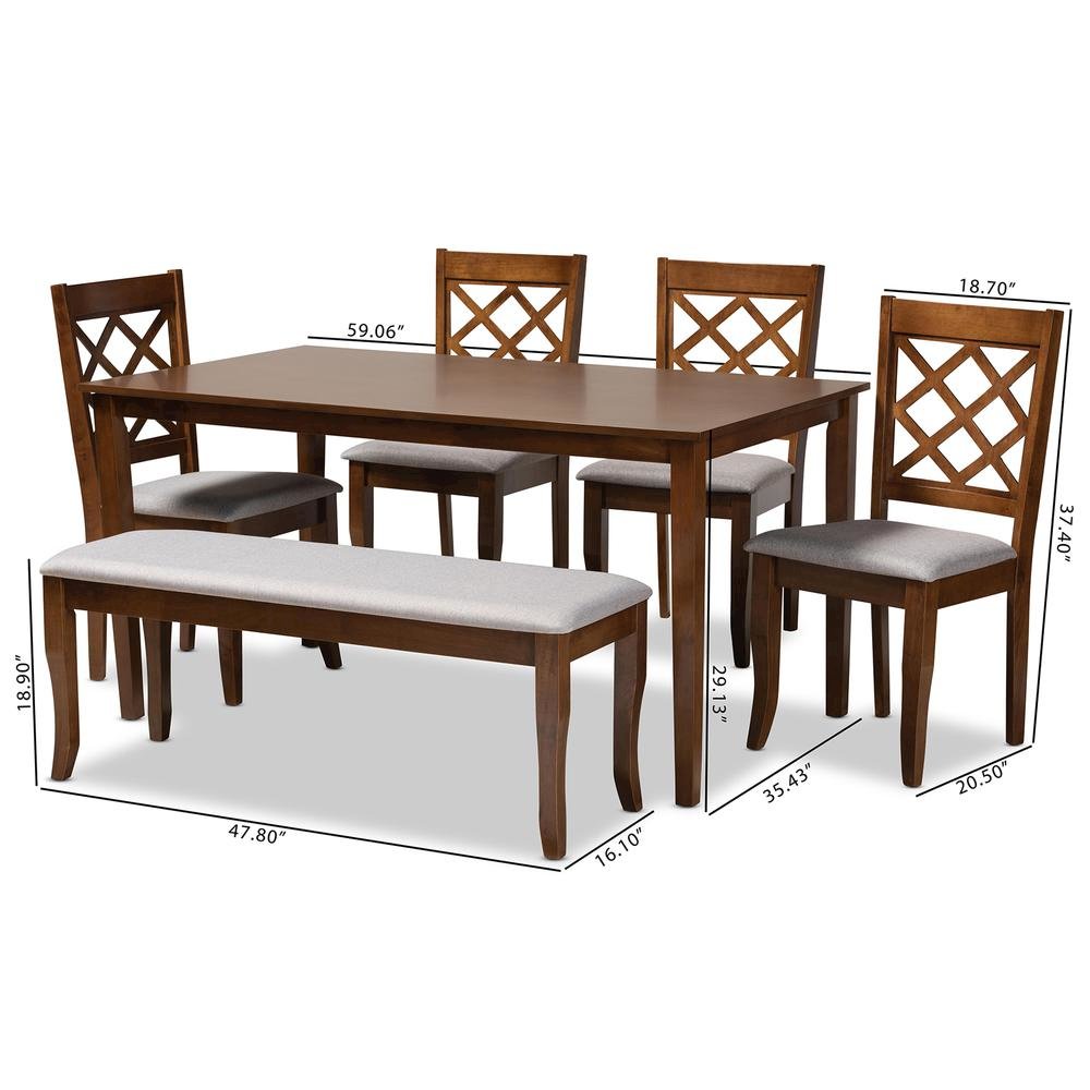 Grey Fabric Upholstered and Walnut Brown Finished Wood 6-Piece Dining Set. Picture 18