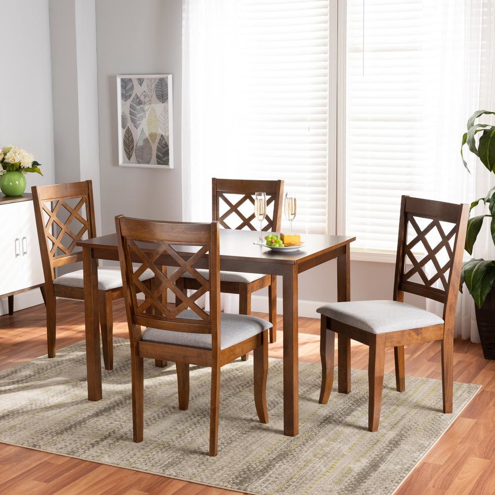 Grey Fabric Upholstered and Walnut Brown Finished Wood 5-Piece Dining Set. Picture 16