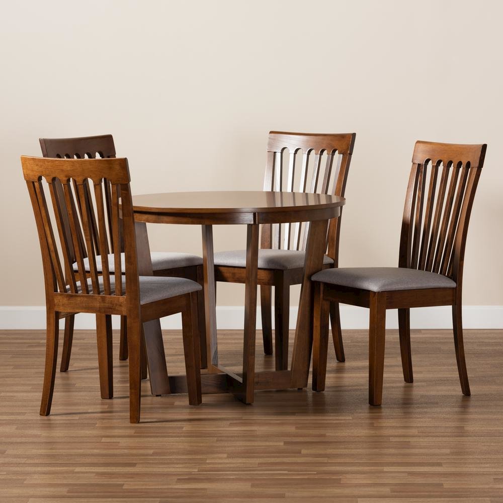 Grey Fabric Upholstered and Walnut Brown Finished Wood 5-Piece Dining Set. Picture 17