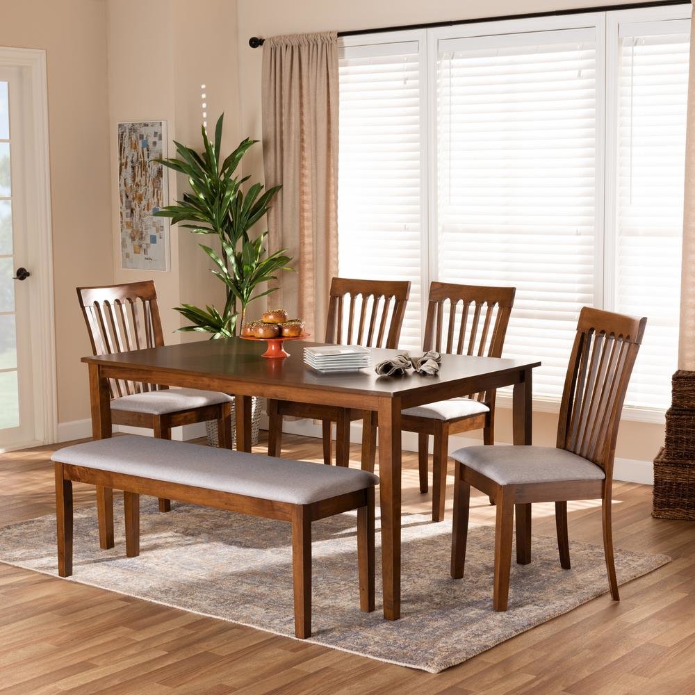 Grey Fabric Upholstered and Walnut Brown Finished Wood 6-Piece Dining Set. Picture 18