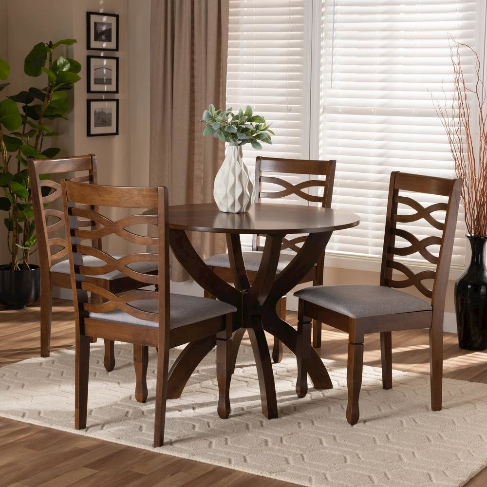 Grey Fabric Upholstered and Walnut Brown Finished Wood 5-Piece Dining Set. Picture 16
