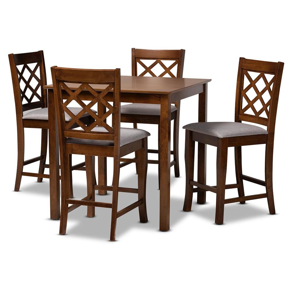 Grey Fabric Upholstered Walnut Brown Finished 5-Piece Wood Pub Set. Picture 9