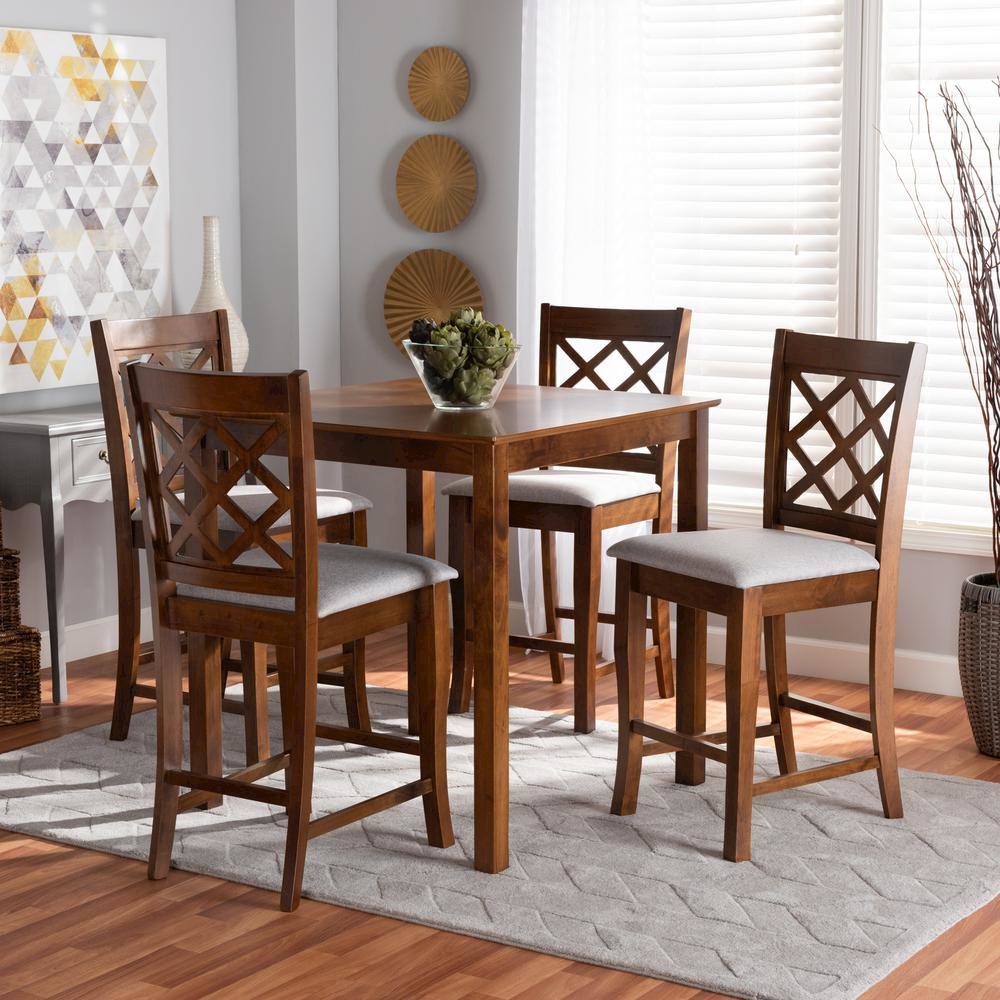 Grey Fabric Upholstered Walnut Brown Finished 5-Piece Wood Pub Set. Picture 14