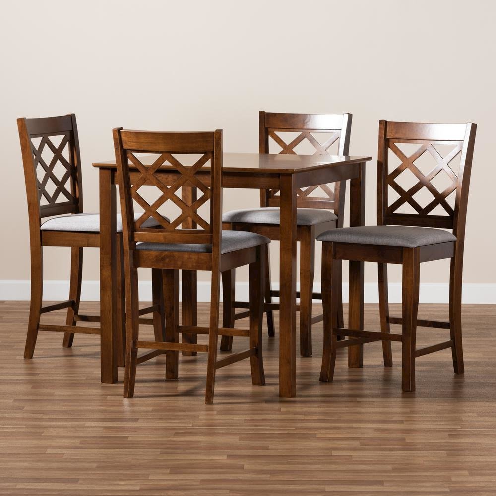 Grey Fabric Upholstered Walnut Brown Finished 5-Piece Wood Pub Set. Picture 15