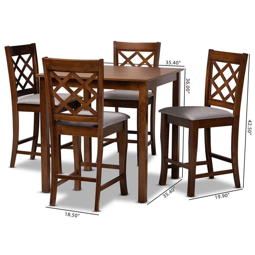 Grey Fabric Upholstered Walnut Brown Finished 5-Piece Wood Pub Set. Picture 16