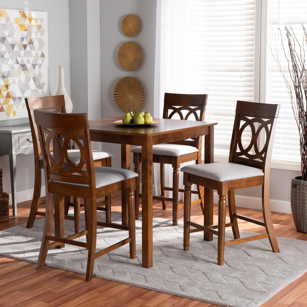 Grey Fabric Upholstered Walnut Brown Finished 5-Piece Wood Pub Set. Picture 16