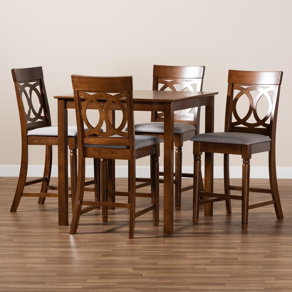 Grey Fabric Upholstered Walnut Brown Finished 5-Piece Wood Pub Set. Picture 17