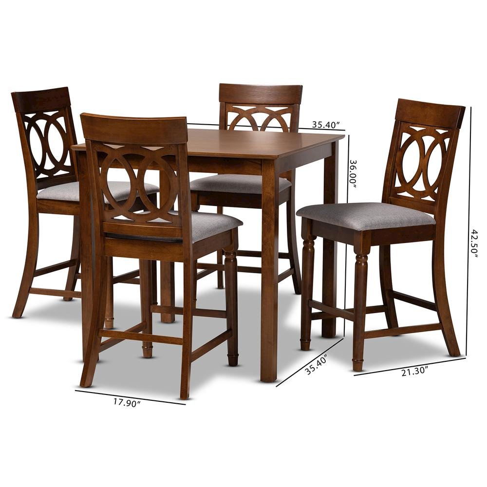 Grey Fabric Upholstered Walnut Brown Finished 5-Piece Wood Pub Set. Picture 18