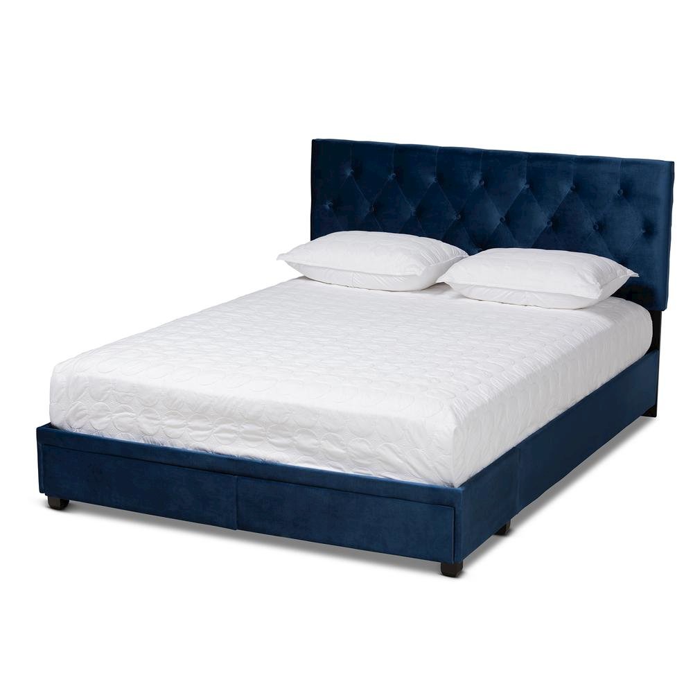 Navy Blue Velvet Fabric Upholstered 2-Drawer Queen Size Platform Storage Bed. Picture 13