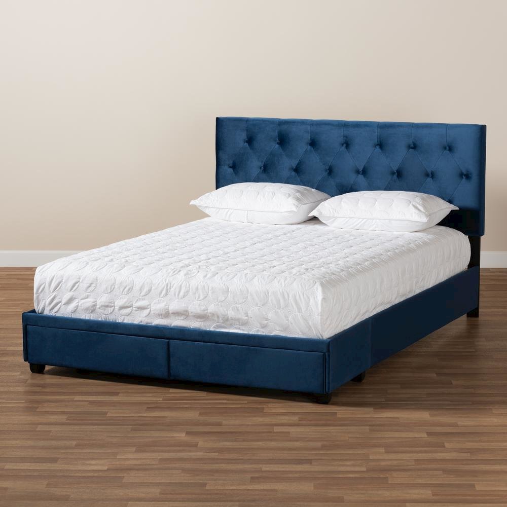 Navy Blue Velvet Fabric Upholstered 2-Drawer Queen Size Platform Storage Bed. Picture 22