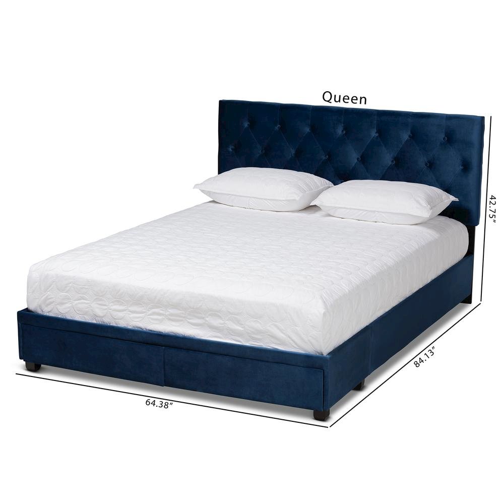 Navy Blue Velvet Fabric Upholstered 2-Drawer Queen Size Platform Storage Bed. Picture 23