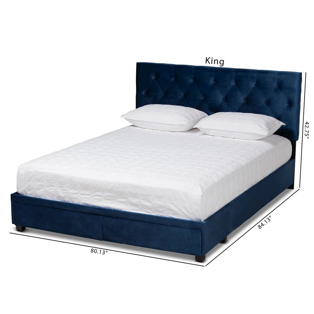 Navy Blue Velvet Fabric Upholstered 2-Drawer Queen Size Platform Storage Bed. Picture 24
