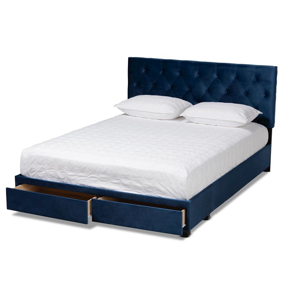 Navy Blue Velvet Fabric Upholstered 2-Drawer Queen Size Platform Storage Bed. Picture 14