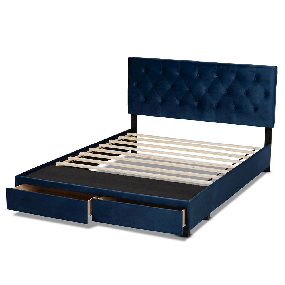 Navy Blue Velvet Fabric Upholstered 2-Drawer Queen Size Platform Storage Bed. Picture 17