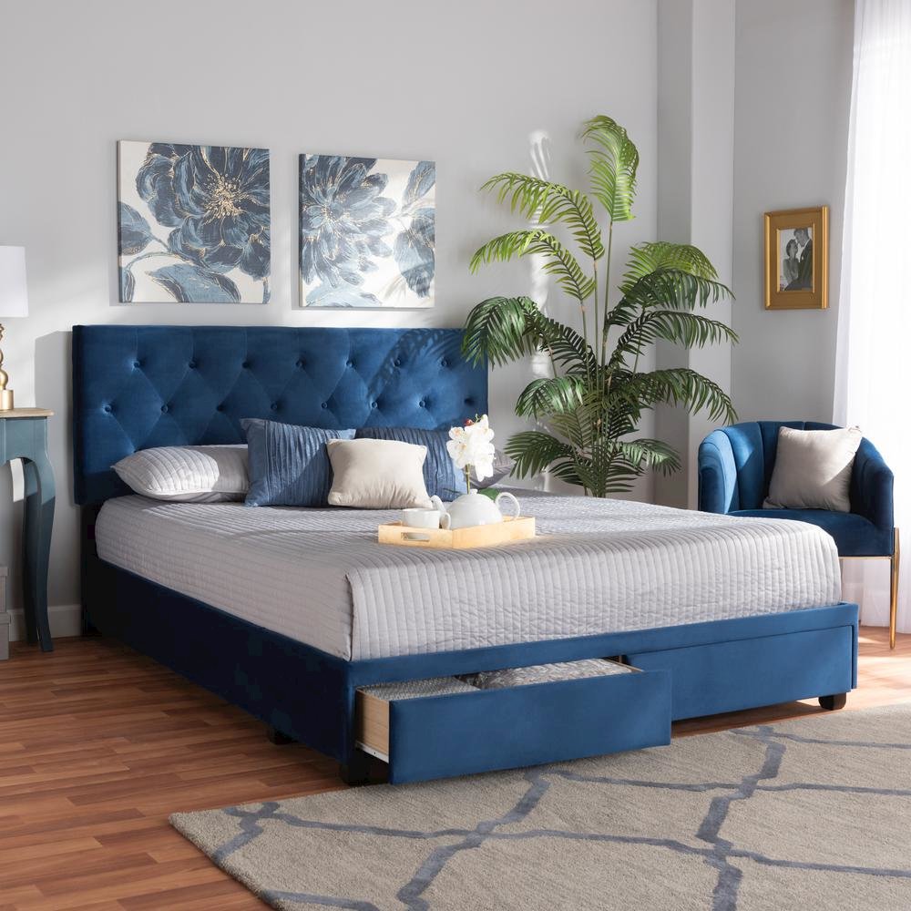 Navy Blue Velvet Fabric Upholstered 2-Drawer Queen Size Platform Storage Bed. Picture 21